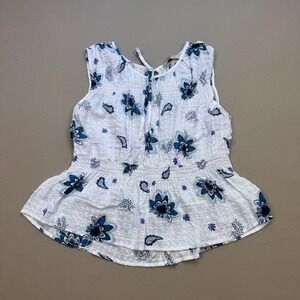 Loft Womens Blue Floral Paisley Smocked Peplum Sleeveless Blouse White Large